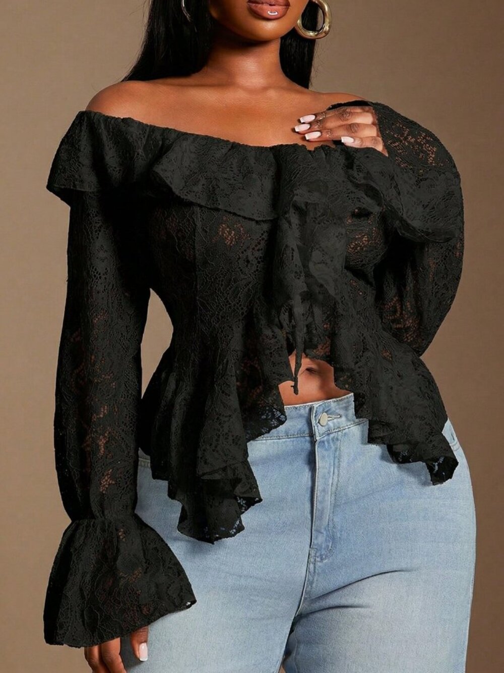 Elegant Women's Plus Size Ruffle Trim Off Shoulder Long Sleeve Sheer Lace Blouse - Picture 4 of 8